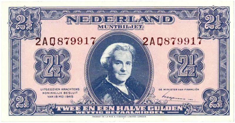 Nederland. 2½ gulden. Muntbiljet. Type 1945. - UNC.