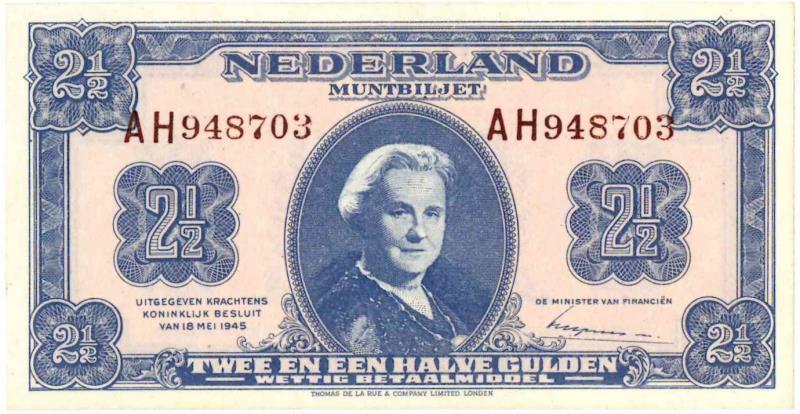 Nederland. 2½ gulden. Muntbiljet. Type 1945. - UNC.