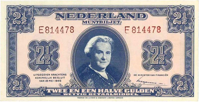 Nederland. 2½ gulden. Muntbiljet. Type 1945. - UNC.