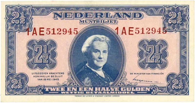 Nederland. 2½ gulden. Muntbiljet. Type 1945. - UNC.