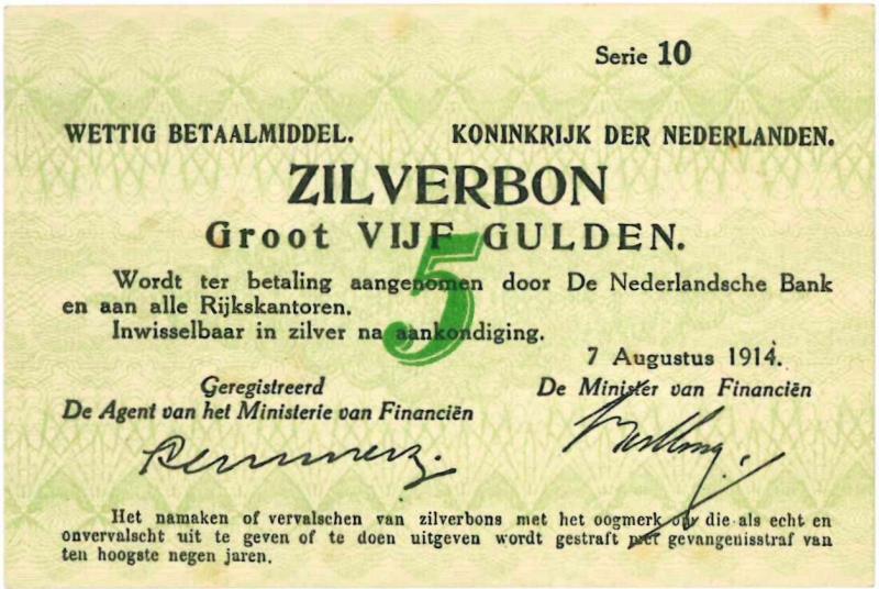 Nederland. 5 gulden. Zilverbon. Type 1914. - Nagenoeg UNC.