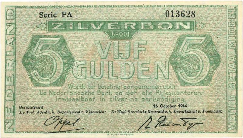 Nederland. 5 gulden. Zilverbon. Type 1944. - Nagenoeg UNC.