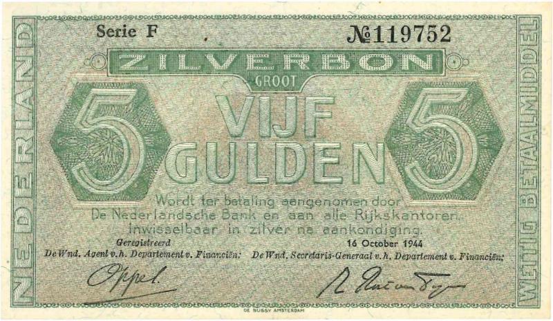 Nederland. 5 gulden. Zilverbon. Type 1944. - Nagenoeg UNC.