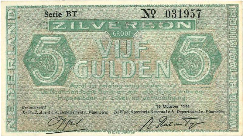 Nederland. 5 gulden. Zilverbon. Type 1944. - Nagenoeg UNC.