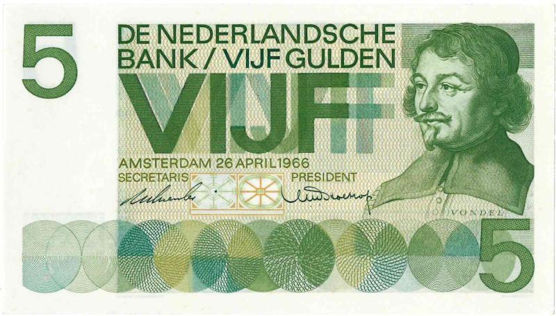 Nederland. 5 gulden. Bankbiljet. Type 1966. Vondel - Prachtig +.