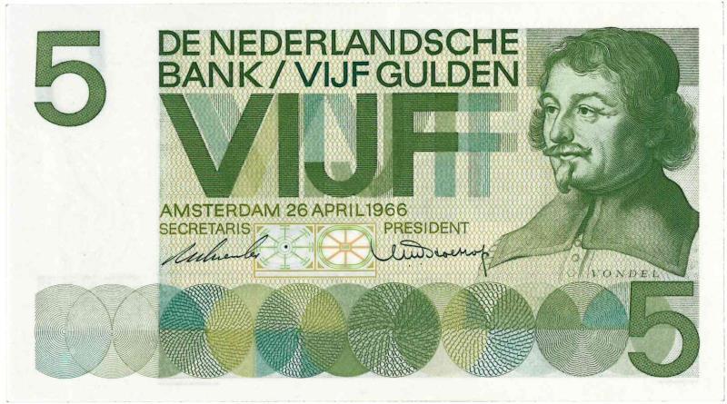 Nederland. 5 gulden. Bankbiljet. Type 1966. Vondel - Zeer Fraai +.