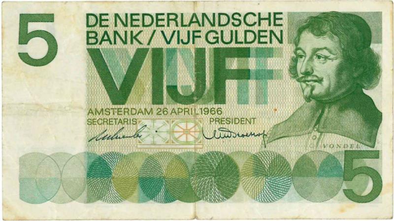 Nederland. 5 gulden. Bankbiljet. Type 1966. Vondel - Fraai +.