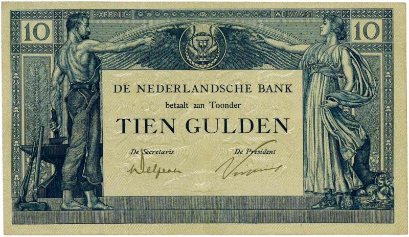 Nederland. 10 gulden. Bankbiljet. Type 1921. Arbeid en Welvaart - Zeer Fraai +.