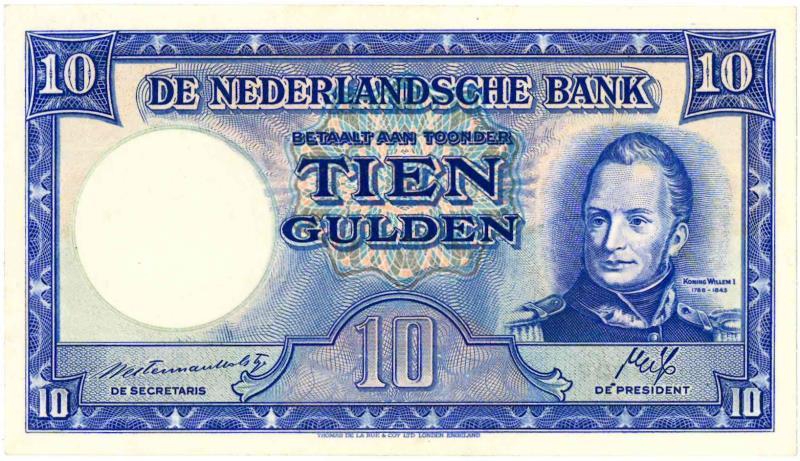 Nederland. 10 gulden. Bankbiljet. Type 1945I. Koning Willem I - Prachtig.