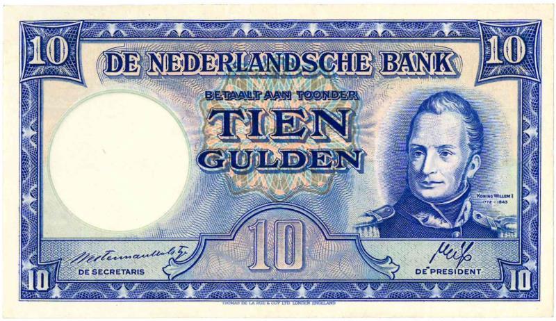 Nederland. 10 gulden. Bankbiljet. Type 1945II. Koning Willem I - Zeer Fraai / Prachtig.