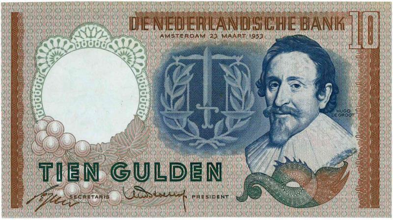 Nederland. 10 gulden. Bankbiljet. Type 1953. Hugo de Groot - Nagenoeg UNC.