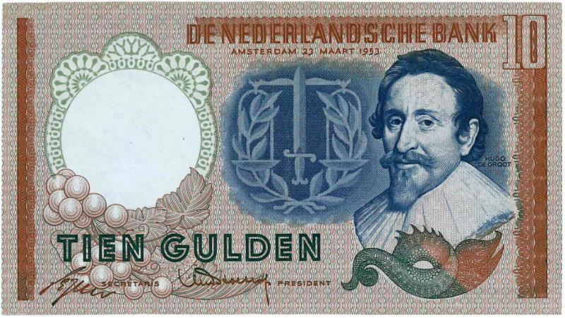 Nederland. 10 gulden. Bankbiljet. Type 1953. Hugo de Groot - Zeer Fraai +.