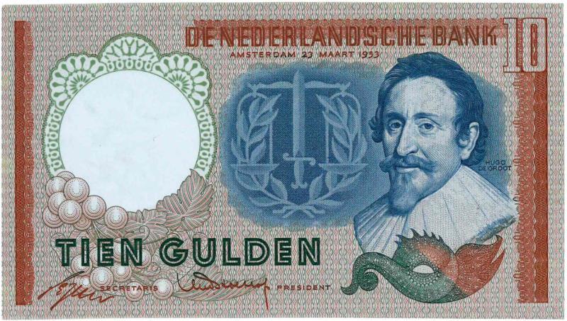 Nederland. 10 gulden. Bankbiljet. Type 1953. Hugo de Groot - Nagenoeg UNC.