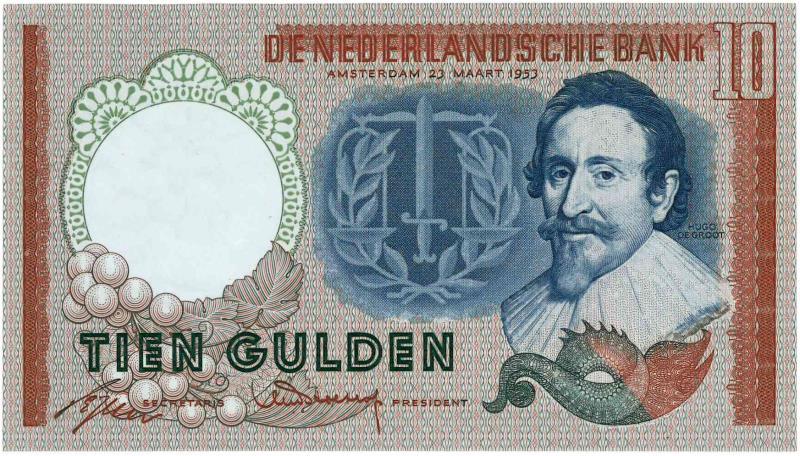 Nederland. 10 gulden. Bankbiljet. Type 1953. Hugo de Groot - Nagenoeg UNC.