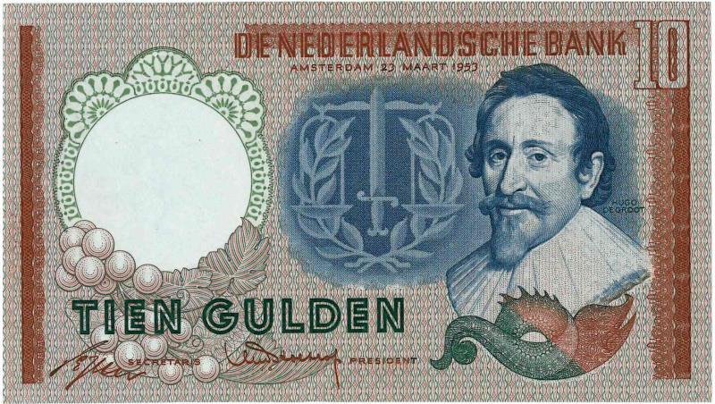 Nederland. 10 gulden. Bankbiljet. Type 1953. Hugo de Groot - Prachtig +.