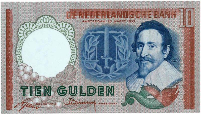 Nederland. 10 gulden. Bankbiljet. Type 1953. Hugo de Groot - Nagenoeg UNC.