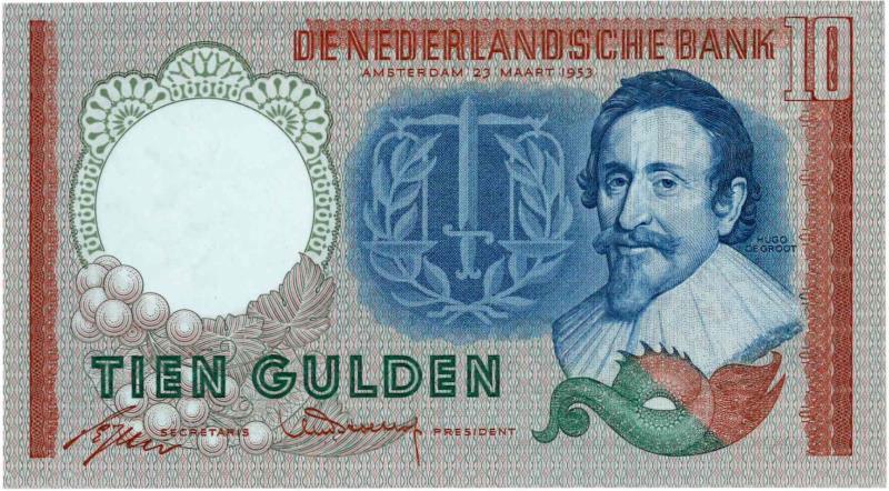 Nederland. 10 gulden. Bankbiljet. Type 1953. Hugo de Groot - Nagenoeg UNC.