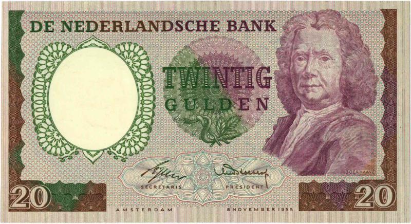 Nederland. 20 gulden. Bankbiljet. Type 1955. Boerhaave - Zeer Fraai ++.