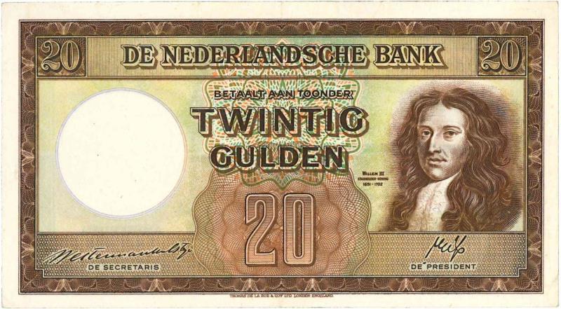 Nederland. 20 gulden. Bankbiljet. Type 1945. Stadhouder Willem III - Prachtig +.