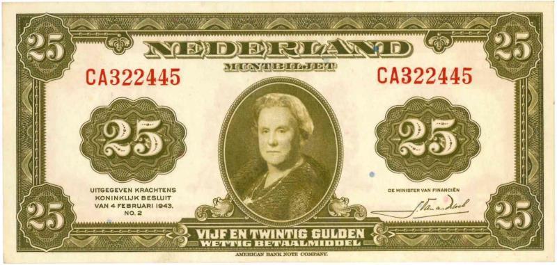 Nederland. 25 gulden. Muntbiljet. Type 1943II. Wilhelmina - Prachtig +.