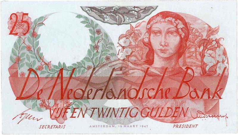 Nederland. 25 gulden. Bankbiljet. Type 1947. Flora - Prachtig.