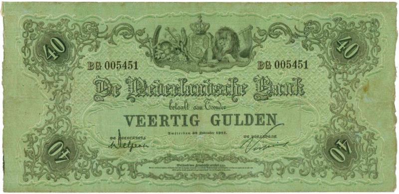 Nederland. 40 gulden. Bankbiljet. Type 1860. Reliëfrand - Fraai / Zeer Fraai.