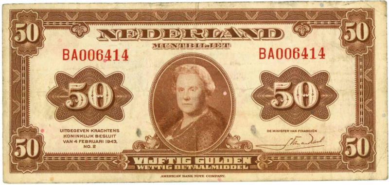 Nederland. 50 gulden. Muntbiljet. Type 1943. Muntbiljet - Zeer Fraai.