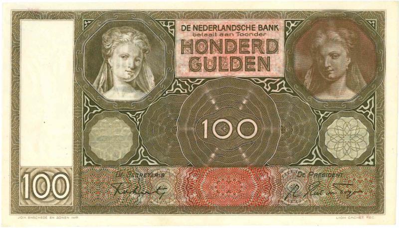 Nederland. 100 gulden. Bankbiljet. Type 1930. Luitspelende vrouw - Prachtig.