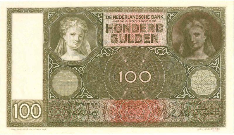 Nederland. 100 gulden. Bankbiljet. Type 1930. Luitspelende vrouw - Prachtig.