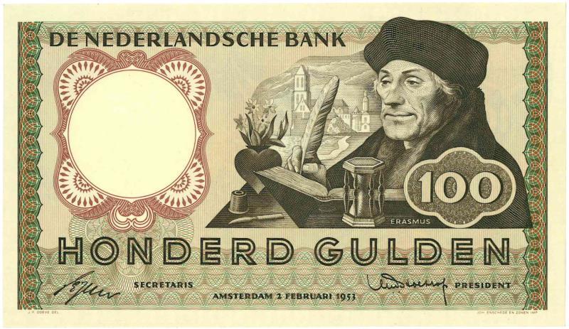 Nederland. 100 gulden. Bankbiljet. Type 1953. Erasmus - Prachtig.