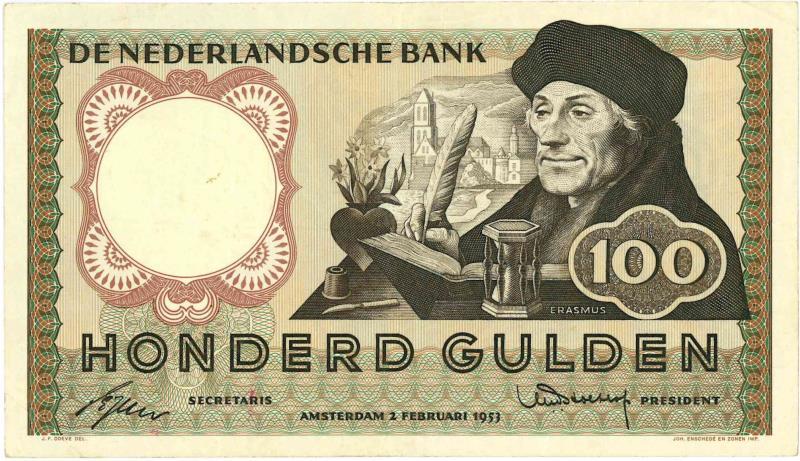 Nederland. 100 gulden. Bankbiljet. Type 1953. Erasmus - Zeer Fraai +.