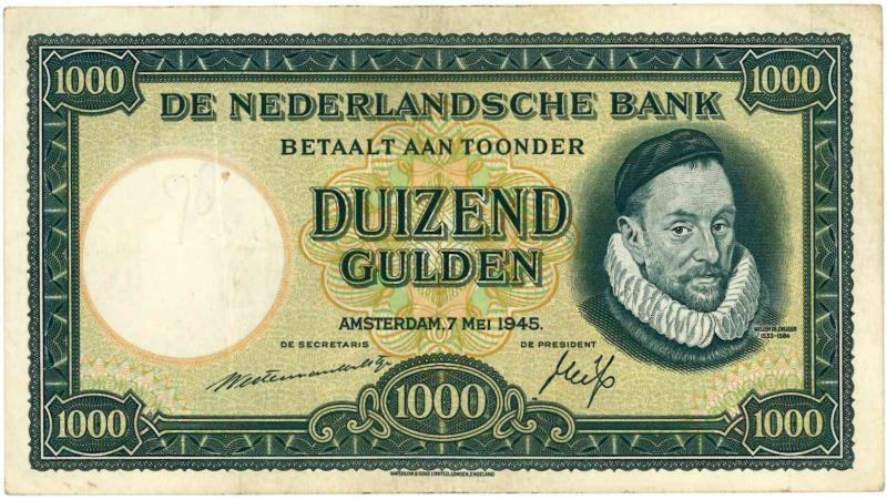 Nederland. 1000 gulden. Bankbiljet. Type 1945. Willem van Oranje - Zeer Fraai +.