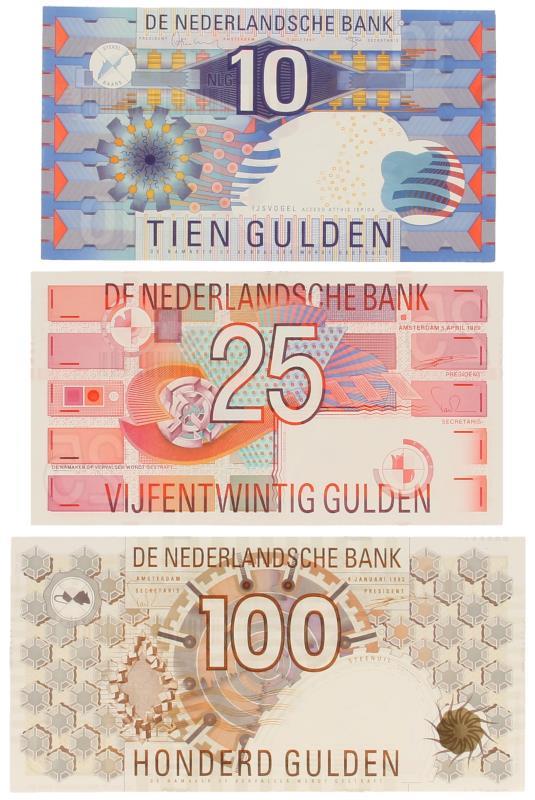 Nederland. 10, 25, 100 gulden. Bankbiljet. Type div. - Prachtig +.