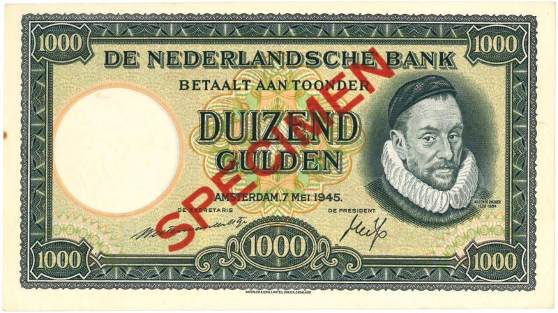 Nederland. 1000 gulden. Bankbiljet/Specimen. Type 1945. - Prachtig.