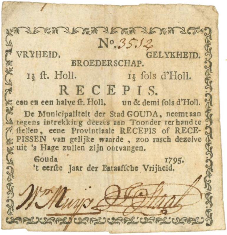 Nederland. 1½ Stuiver. Recepis. Type 1795. Gouda - Fraai / Zeer Fraai.