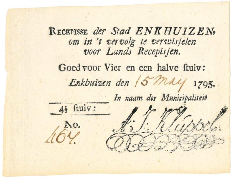 Nederland. 4½ Stuiver. Recepis. Type 1795. Enkhuizen - Zeer Fraai +.