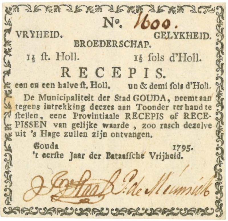 Nederland. 1½ Stuiver. Recepis. Type 1795. Gouda - Fraai / Zeer Fraai.