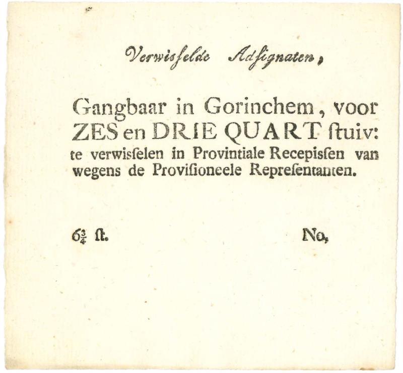 Nederland. 6 3/4 Stuiver. Asignaat. Type 1795. Gorichem - Prachtig.