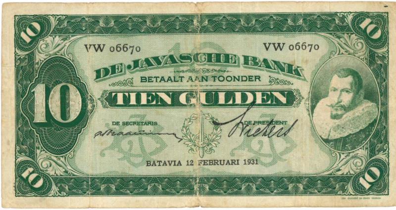 Nederland-Indië. 10 gulden. Bankbiljet. Type 1924. - Fraai / Zeer Fraai.