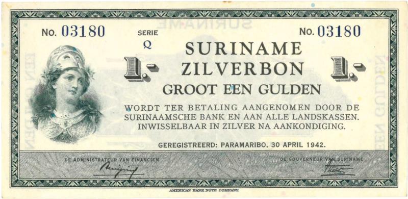 Suriname. 1 gulden. Zilverbon. Type 1940. - Prachtig +.