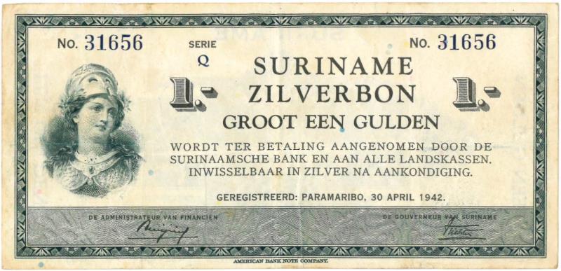 Suriname. 1 gulden. Zilverbon. Type 1940. - Zeer Fraai.