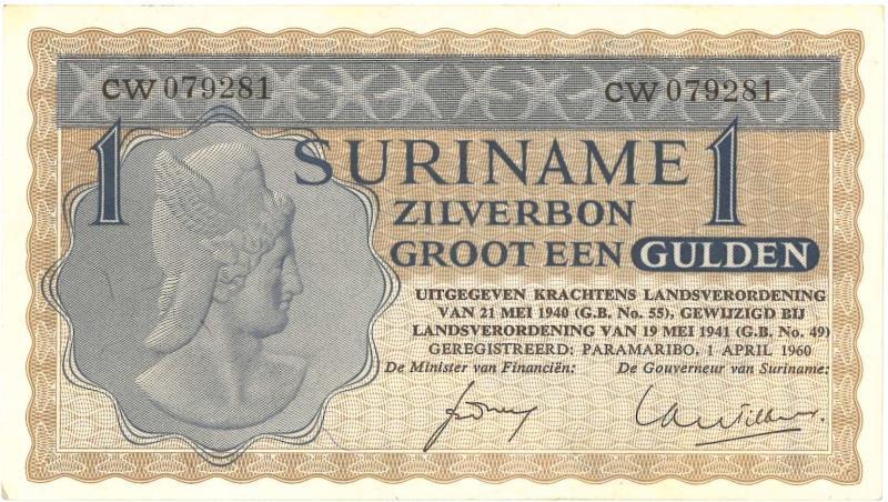 Suriname. 1 gulden. Zilverbon. Type 1940. - UNC.