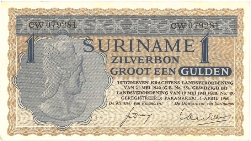 Suriname. 1 gulden. Zilverbon. Type 1940. - UNC.