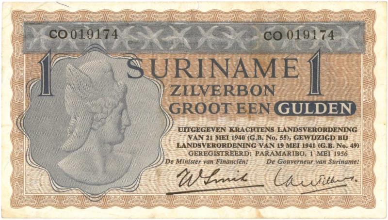 Suriname. 1 gulden. Zilverbon. Type 1940. - Zeer Fraai +.