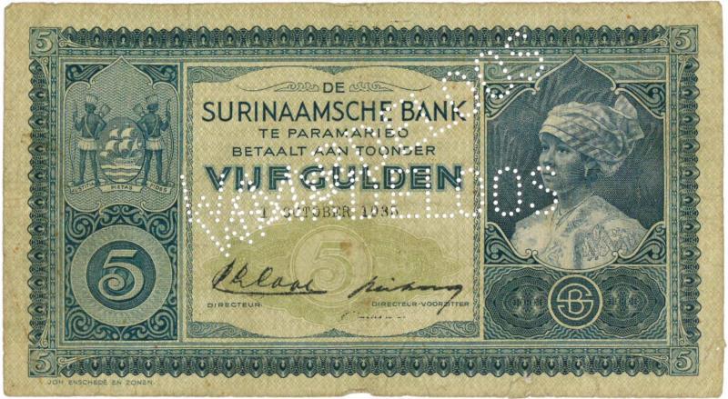 Suriname. 5 gulden. Bankbiljet. Type 1935. - Fraai -.