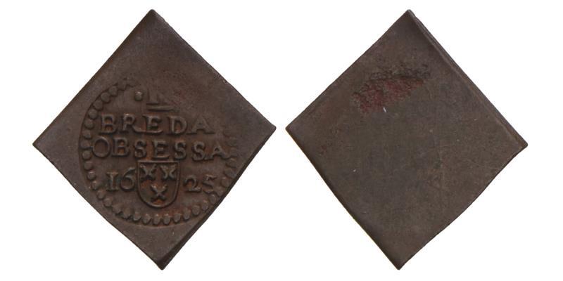 2 stuiver koperen vierkante plaat Breda 1625. Zeer Fraai +.