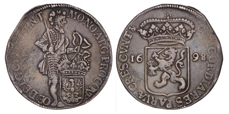 Zilveren dukaat Deventer 1698. Zeer Fraai / Prachtig.