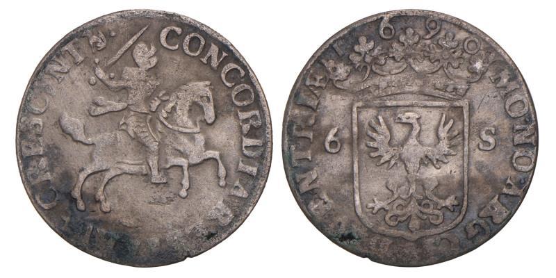 Rijderschelling van 6 stuiver Deventer 1690. Zeer Fraai -.