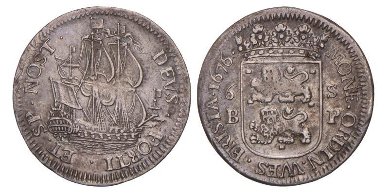 Scheepjesschelling van 6 stuiver Enkhuizen 1676. Zeer Fraai / Prachtig.