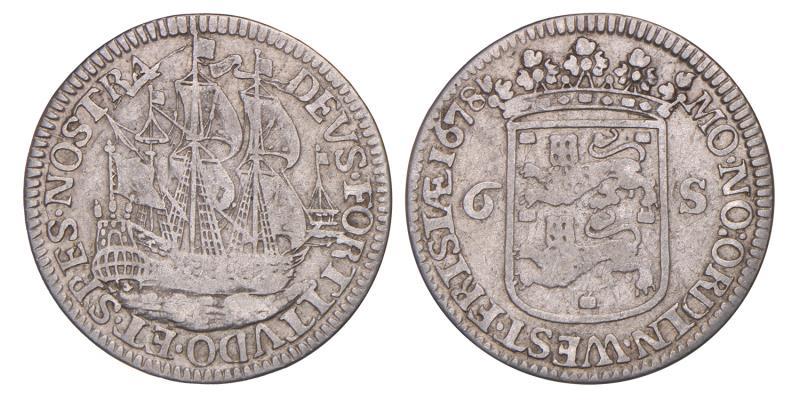 Scheepjesschelling van 6 stuiver Enkhuizen 1678. Fraai / Zeer Fraai.